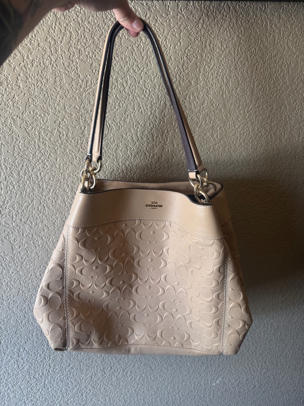 Coach Beige Signature Embossed Shoulder Bag with Gold Hardware